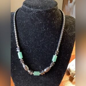 Vintage Hematite And Jade Beaded Necklace 16” Long